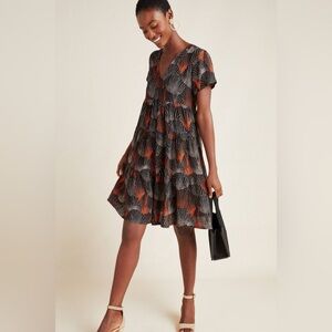 Anthropologie Black and Orange Tiered V-Neck Short Dress